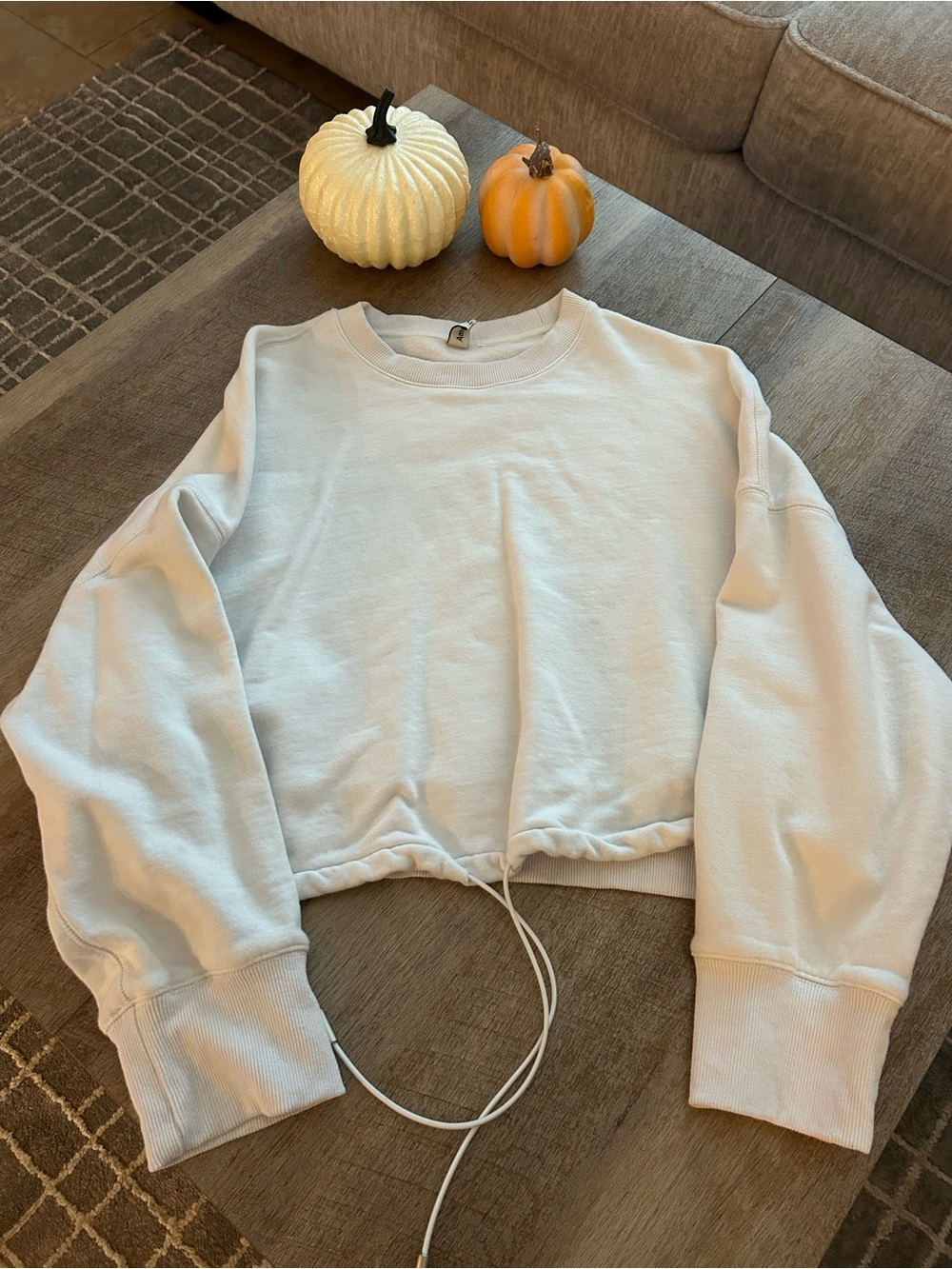 Amazhiyu Cropped Drawstring Crewneck Sweater - Cream